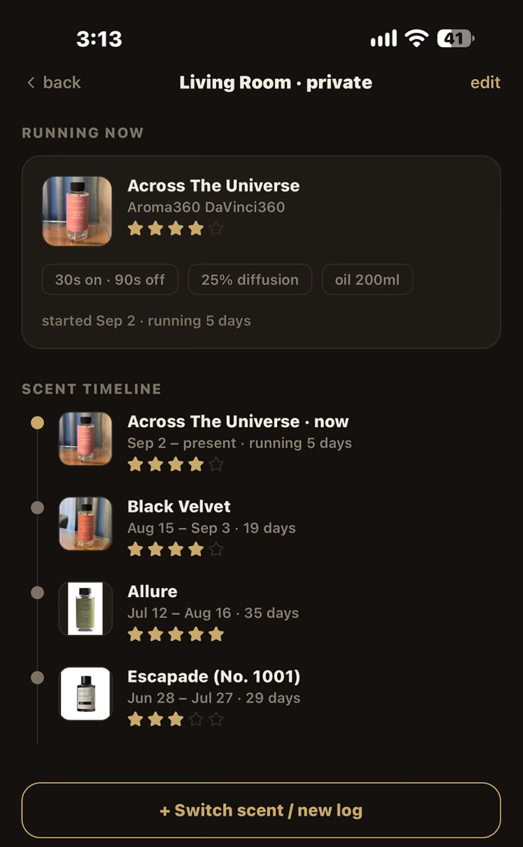 A room's scent timeline in Aroma, listing each scent with its dates and rating
